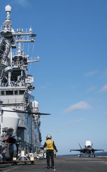 A U.S. Marine Corps F-35B Lightning II prepares for takeoff 