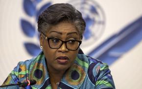 Prime Minister of the Democratic Republic of Congo Judith Suminwa talks to journalists during a press conference organized by the Geneva Association of United Nations Correspondents (ACANU), at a side event of the High-Level Segment of the 58th session of the Human Rights Council at the European headquarters of the United Nations in Geneva, Switzerland, Monday, Feb. 24, 2025. (Salvatore Di Nolfi/Keystone via AP)