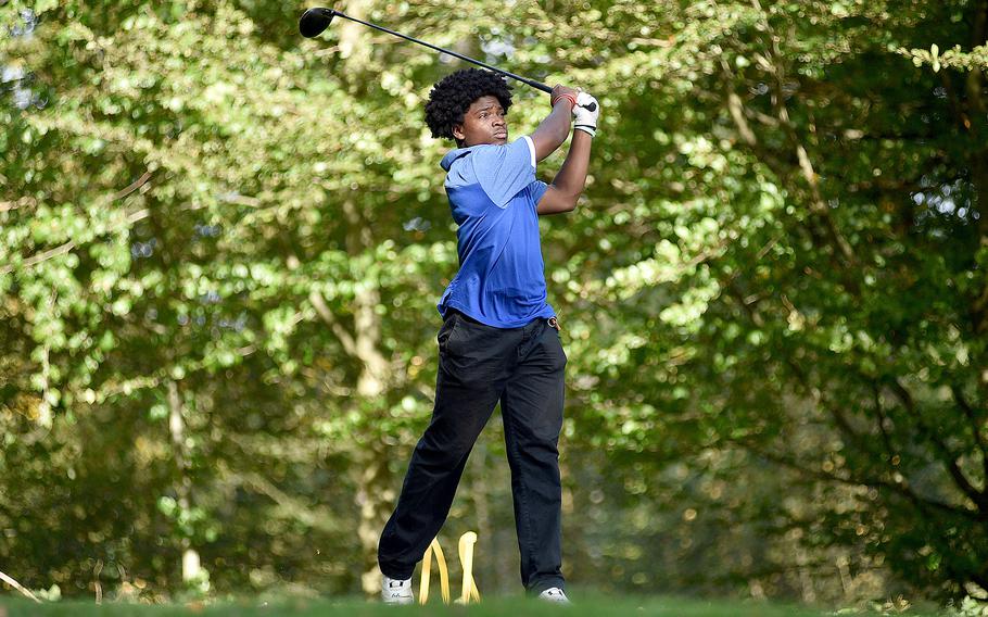 Ramstein's David Obermuller follows his drive off the 18th tee during the second round of the DODEA European golf championships on Oct. 13, 2023, at Woodlawn Golf Course on Ramstein Air Base, Germany. The Royal junior took second place in the tournament.