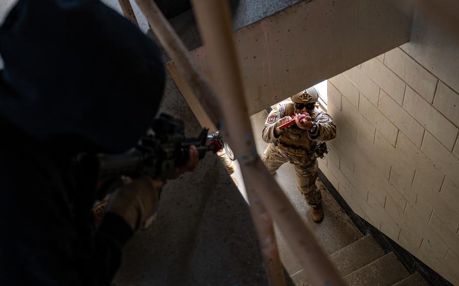Staff Sgt. Jaelan Cearnel of the 51st Security Forces Squadron clears a room during the Combat Readiness Course at Osan Air Base, South Korea, March 14, 2024. 