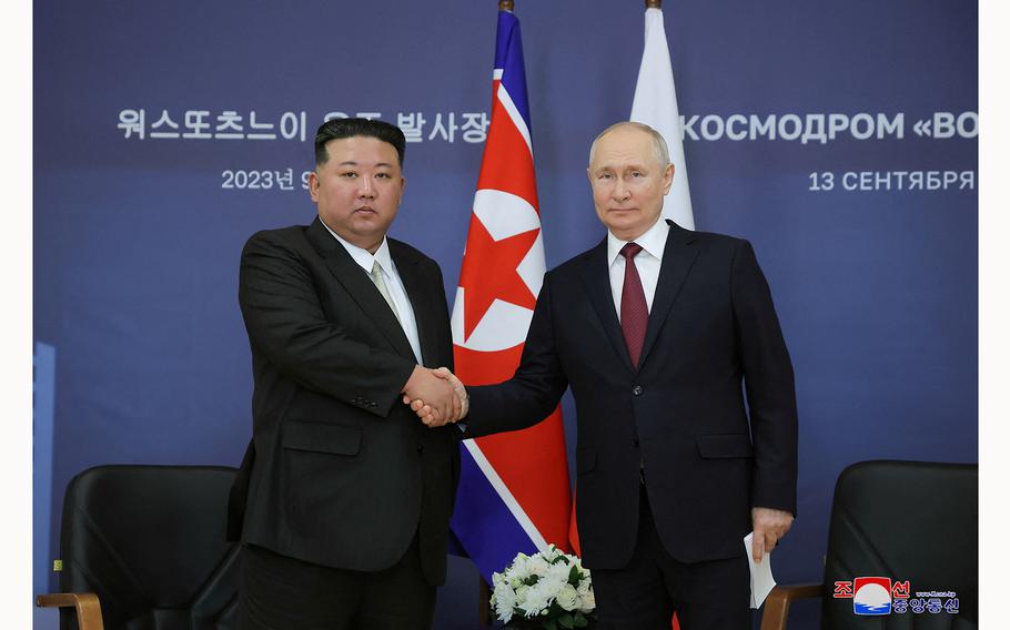 Russia’s President Vladimir Putin and North Korea’s leader Kim Jong Un attend a meeting at the Vostochny ?osmodrome in Russia’s far eastern Amur region on Sept. 13, 2023.