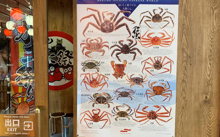 A poster inside the Kanimatsuri restaurant in Tokyo displays various crab species.