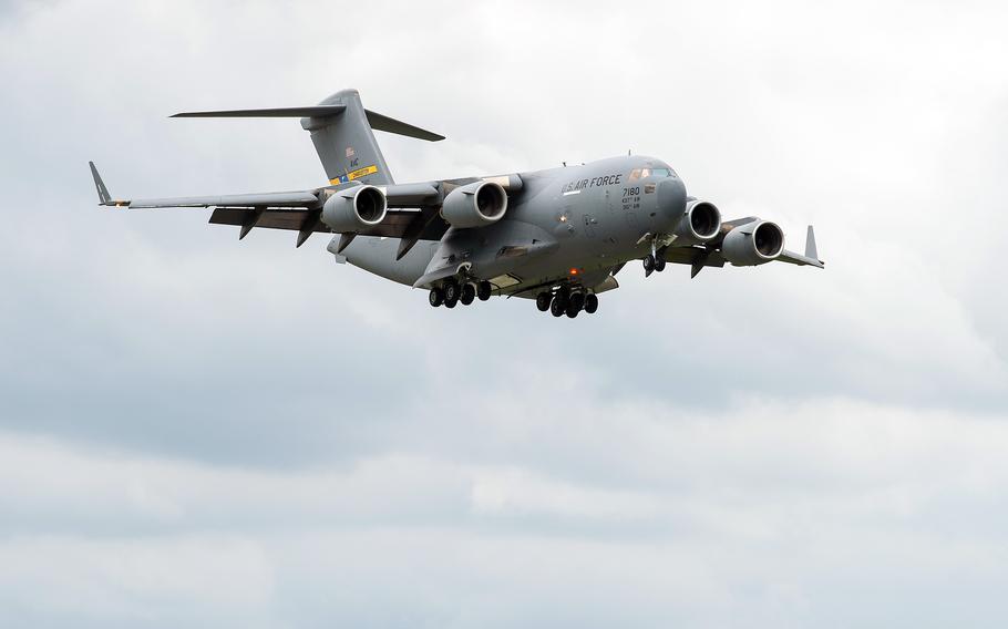 A C-17 Globemaster III preparing to land, May 19, 2024.