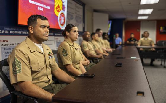 Marines at Recruiting Station Houston graduate from their Advanced School Seminar on June 21, 2024. A new senior noncommissioned leadership school pilot program will merge career and advanced schools for staff sergeants and gunnery sergeants, streamlining their training time, according to the service.
