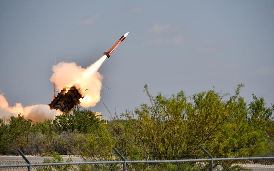 A Patriot surface-to-air missile system assigned to the U.S. Army's 11th Air Defense Artillery Brigade fires during an exercise with the Dutch military at McGregor Range, N.M., on May 11, 2024. Patriot missiles will now be produced in Germany for the first time, according to European and U.S. defense contractors.