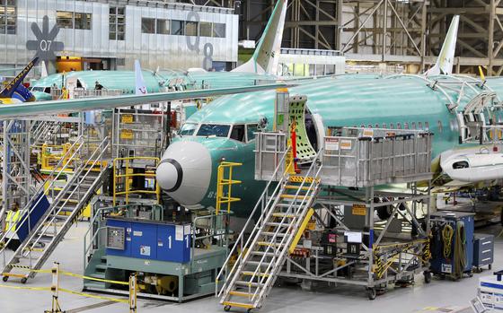 FILE - Boeing 737 MAX airplanes are shown on the assembly line during a media tour at the Boeing facility in Renton, Wash.,  June 25, 2024. (Jennifer Buchanan/The Seattle Times via AP, Pool, File)