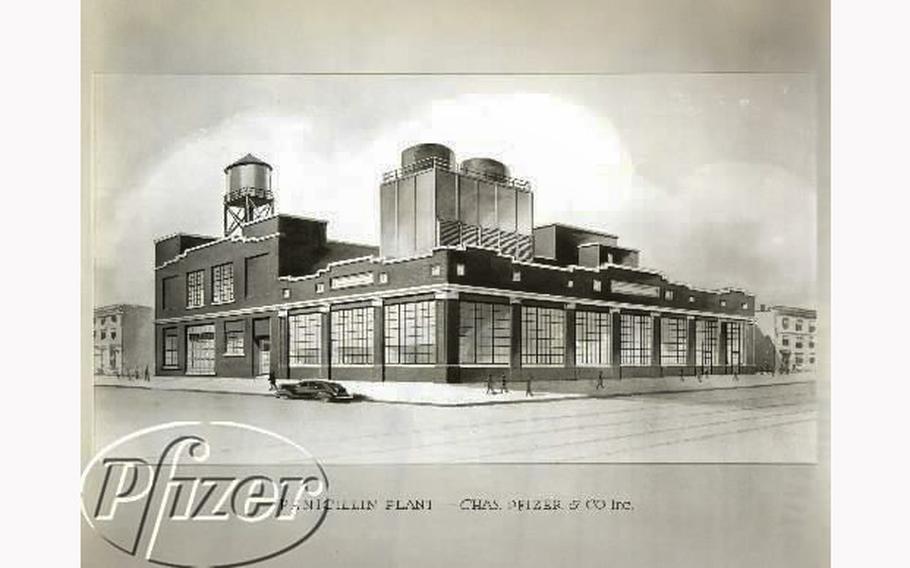A 1943 artist’s rendering of Pfizer’s fermentation plant on Marcy Avenue in Brooklyn, NY, which opened its doors on Mar. 1, 1944. According to reports in April 2023, Penicillin G benzathine, an antibiotic sold in the U.S. by Pfizer Inc., was added to the Food and Drug Administration’s shortage list this week.