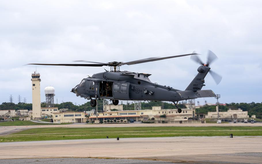 An Air Force HH-60W Jolly Green II assigned to the 33rd Rescue Squadron lifts off for the first time at Kadena Air Base, Okinawa, Feb. 27, 2024.