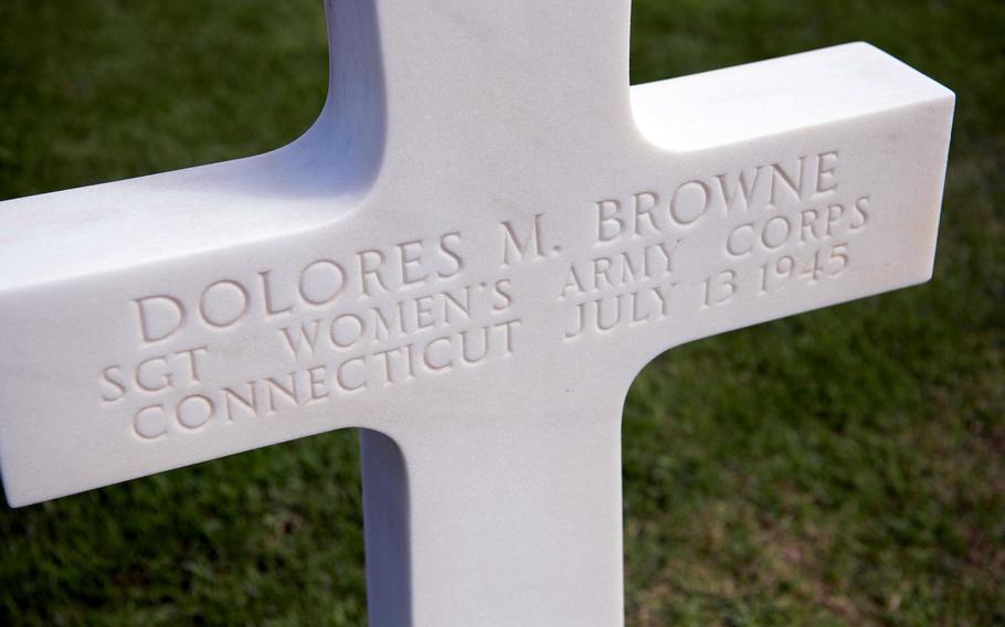 The grave of Sgt. Dolores Browne at Normandy American Cemetery, on June 1, 2024. Browne died from injuries in a car accident in 1945. She is one of four women buried at the cemetery in Colleville-sur-Mer, France.