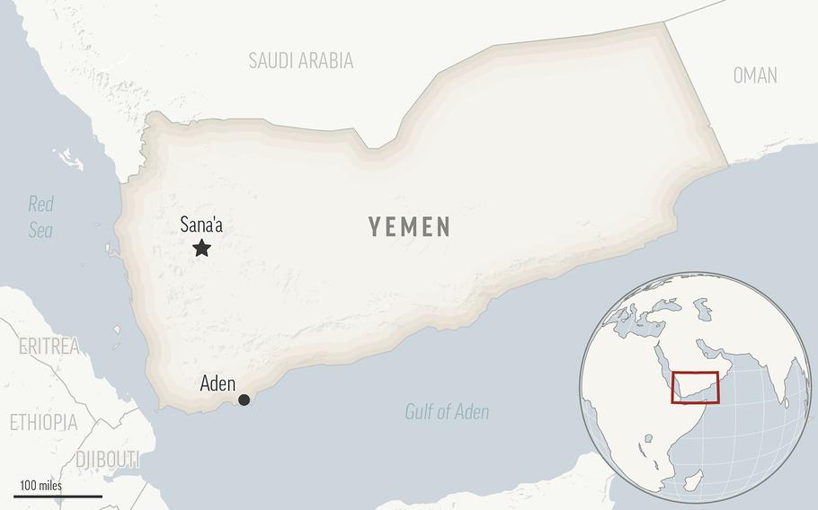 A map of Yemen with the capital of Sana’a marked and the city of Aden.