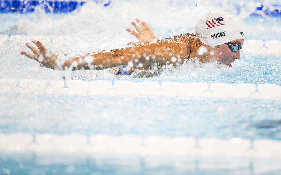 Torri Huske swims the women’s 100-meter butterfly semifinal Saturday in Paris. 