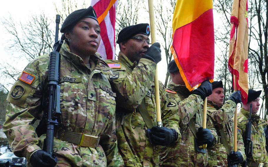  A U.S. Garrison Benelux color guard marches in the colors at the beginning of a ceremony