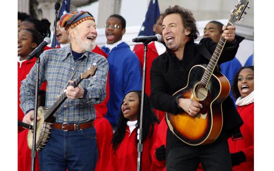 Washington, D.C., Jan. 18, 2009: Folk music legend Pete Seeger and Bruce Springsteen team up to sing "This Land is Your Land" during President Obama's Inaugural Celebration at the Lincoln Memorial at the Lincoln Memorial in Washington, D.C., held two days before the actual inaugration on Jan. 20. Behind them are the singers of the Inaugural Celebration Chorus.
The celebratory event featured music and readings by dozens of musicians and entertainers such as Beyoncé, Mary J. Blige, Jon Bon Jovi, Garth Brooks, Jamie Foxx, Tom Hanks, and Samuel L. Jackson.

META TAGS: President Barack Obama; second term; inauguration; presidential inauguration; concert; entertainment; 