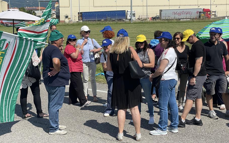 Italian workers for U.S. military bases demonstrate near Aviano Air Base in June 2023.