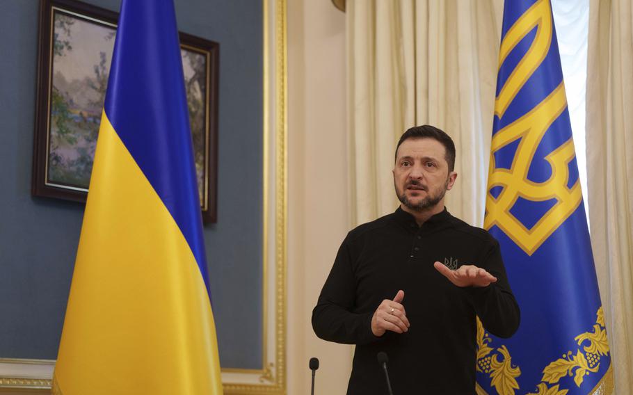 Ukrainian President Volodymyr Zelenskyy speaks to journalists during press conference in Kyiv, Ukraine, Wednesday,  Feb. 26, 2025. 