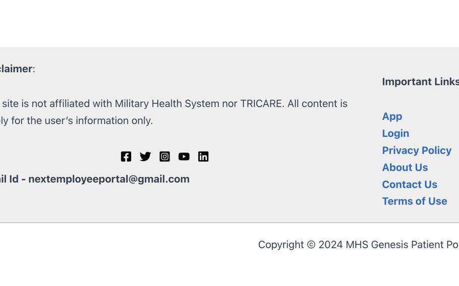 A screenshot reads, “Disclaimer: This site is not affiliated with Military Health System nor Tricare. All content is purely for the user’s information only.”