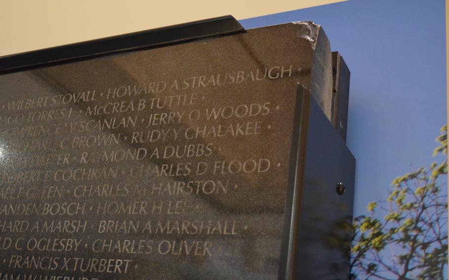 The damaged panel not used for the Vietnam Veterans Memorial in Washington. It is now at the LBJ Presidential Library and Museum in Austin, Texas. 