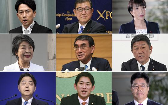 This photo combination shows the candidates of the ruling Liberal Democratic Party for the party's upcoming presidential election. Top row from left, former Environment Minister Shinjiro Koizumi, former Defense Minister Shigeru Ishiba, and Economic Security Minister Sanae Takaichi. Middle row from left, Foreign Minister Yoko Kamikawa, Digital Minister Taro Kono, and Liberal Democratic Party’s Secretary General Toshimitsu Motegi. Bottom row from left, Chief Cabinet Secretary Yoshimasa Hayashi, former Economic Security Minister Takayuki Kobayashi and former Chief Cabinet Secretary Katsunobu Kato. Japan will have a new leader after outgoing Prime Minister Fumio Kishida’s governing Liberal Democratic Party holds a vote on Sept. 27 to choose his replacement.