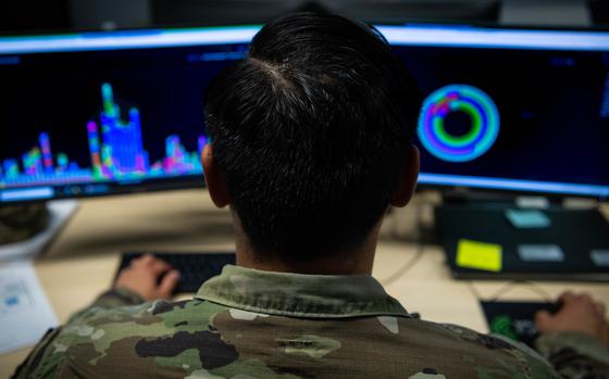 A U.S. airman analyzes a network during a cyber exercise at Ramstein Air Base, Germany, in 2022. Cybercrime is among the tactics being used by Russia and China in a stepped-up campaign of hybrid warfare against Western allies, NATO Secretary-General Mark Rutte said Dec. 4, 2024, during a meeting of the bloc's foreign ministers.