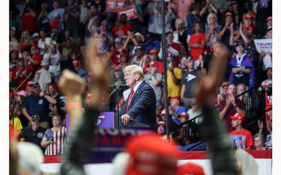 Former president and Republican presidential candidate Donald Trump speaks at the Van Andel Arena in Grand Rapids, Mich., on July 20, 2024