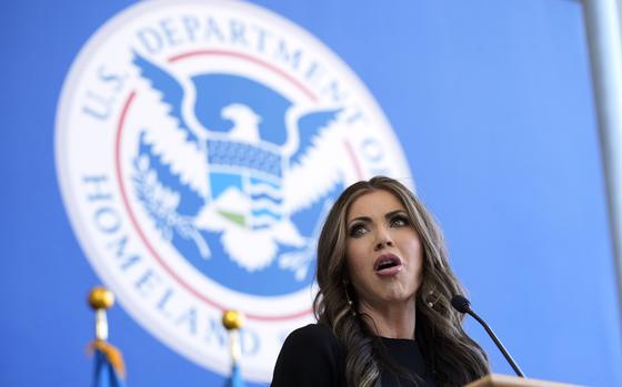 Homeland Security Secretary Kristi Noem speaks to employees at the Department of Homeland Security, Tuesday, Jan. 28, 2025, in Washington. (AP Photo/Manuel Balce Ceneta)