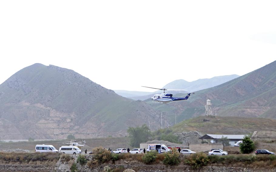 In this photo provided by Islamic Republic News Agency, IRNA, the helicopter carrying Iranian President Ebrahim Raisi takes off at the Iranian border with Azerbaijan, Sunday, May 19, 2024. 