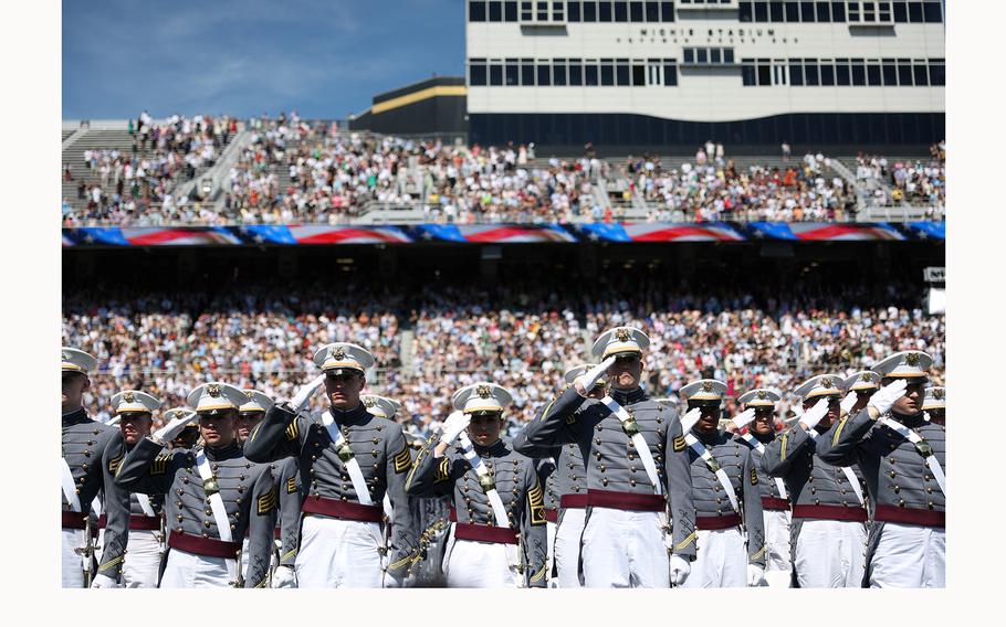 Graduating cadets attend the United States Military Academy commencement in West Point, N.Y., May 25, 2024.