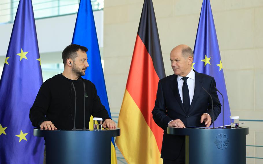 Ukrainian President Volodymyr Zelenskyy and German Chancellor Olaf Scholz at a news conference in Berlin, Oct. 11, 2024.