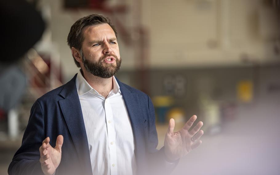 Sen. JD Vance, the vice presidential running mate of former President Donald Trump, visits the 121st Air Refueling Wing May 25, 2023, at Rickenbacker Air National Guard Base, Ohio. Vance in the past has praised the goals outlined in the Heritage Foundation’s Project 2025, which includes removing what conservatives see as “woke” influences from the armed forces.