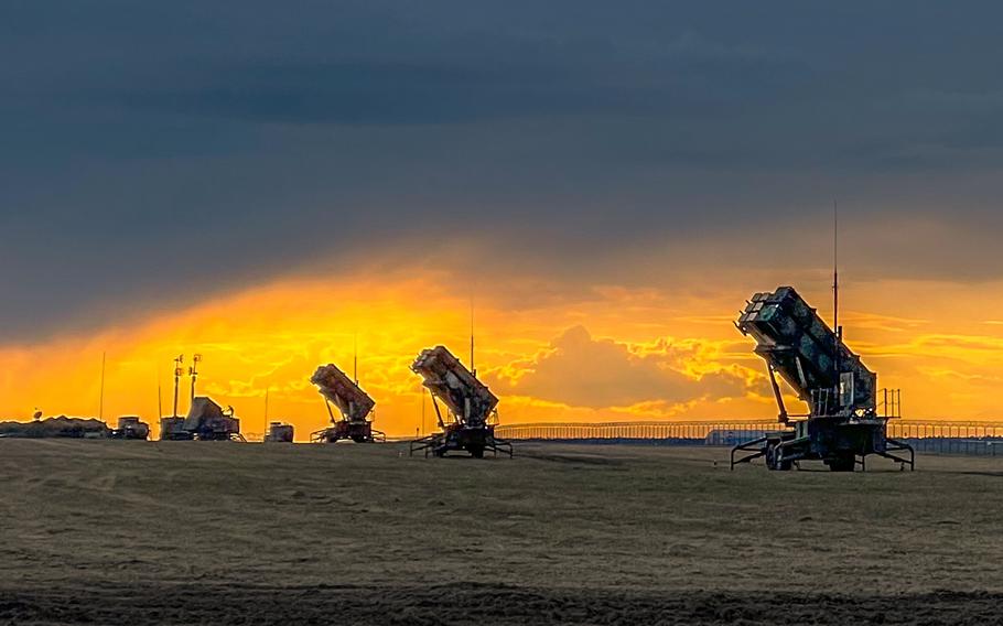 U.S. Patriot missile batteries at sunset.