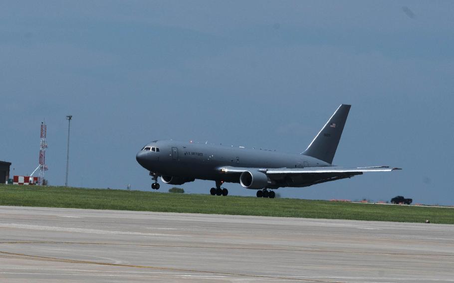 A KC-46A Pegasus lands on the flight line at McConnell Air Force Base, Kan., July 1, 2024. The aircraft executed the world’s first nonstop, KC-46A Pegasus westbound circumnavigation endurance flight, called Project Magellan. 