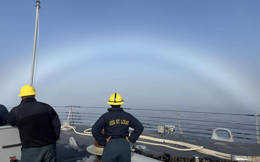 The USS St. Louis (LCS 19), a Freedom-variant littoral combat ship, during testing in January 2024.