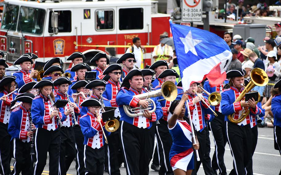 The Open Doors Christian Schools’ Patriots Band marches in Washington, D.C.’s Independence Day parade on July 4, 2024.