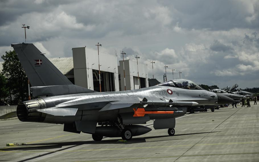 A Norwegian F-16 Fighting Falcon waits to take off for a dogfighting exercise at Ramstein Air Base in Germany on June 6, 2024. Dozens of NATO country pilots tested their skills in what organizers said was the first-ever large-scale fighter jet exercise at the base.