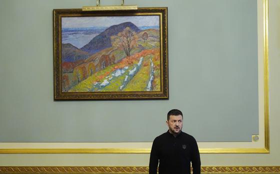 Ukraine's President Volodymyr Zelenskyy prepares to meet U.S. Secretary of State Antony Blinken and Britain's Foreign Secretary David Lammy at the Mariinsky Palace in Kyiv, Ukraine, Wednesday, Sept. 11, 2024. (AP Photo/Mark Schiefelbein, Pool)