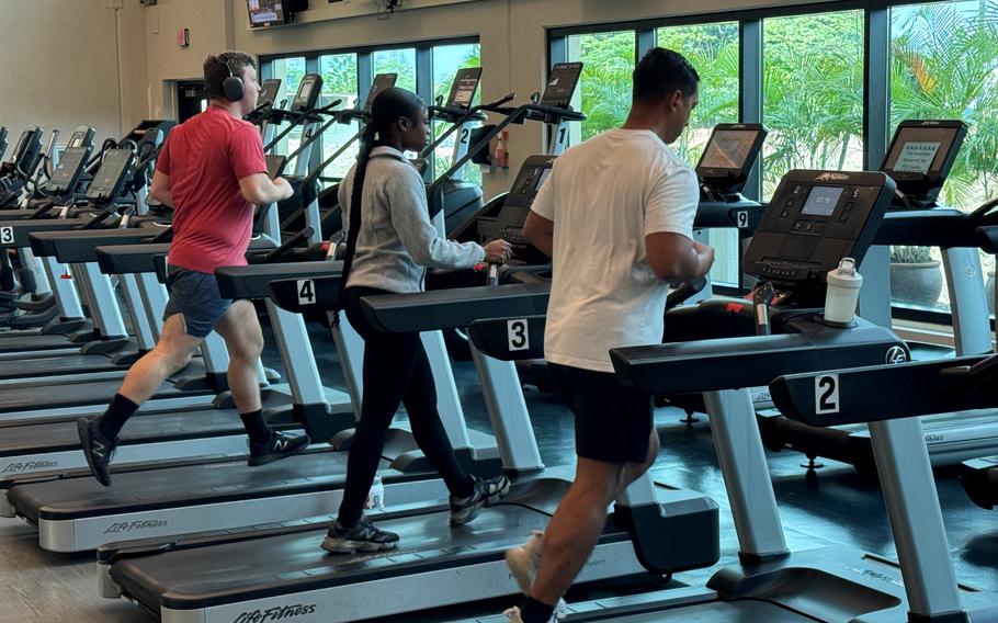 Three people in a gym on treadmills.