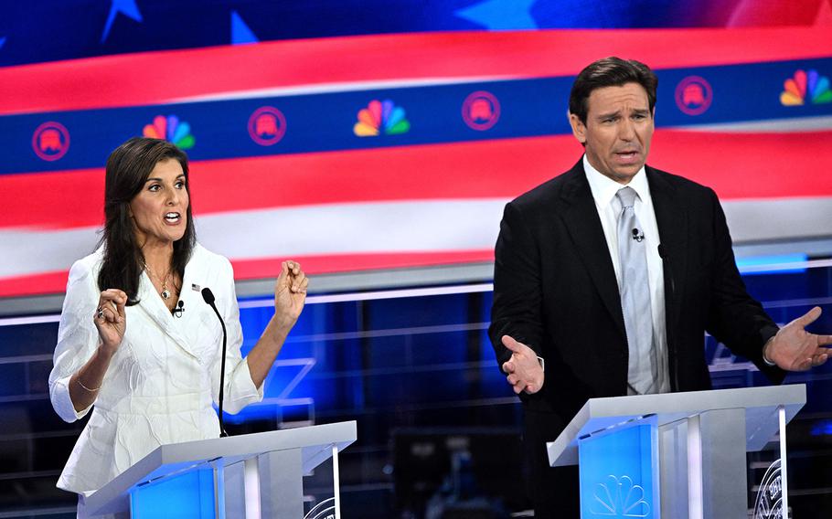 Nikki Haley and Florida Gov. Ron DeSantis on stage during the third Republican presidential primary debate in Miami on Nov. 8, 2023. 