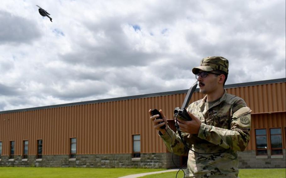 A soldier-borne sensor drone is flown by Spc. Nathan Trosan, a unit supply specialist in the New York National Guard, June 27, 2024. 