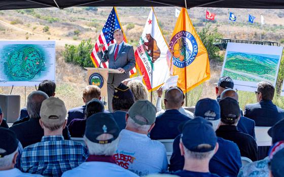 Orange County Supervisor Don Wagner speaks to city and county representatives and veterans groups representatives as they gather for a news conference and rally in Gypsum Canyon, a proposed site for a veterans cemetery, on Thursday, July 1, 2021 in Anaheim.