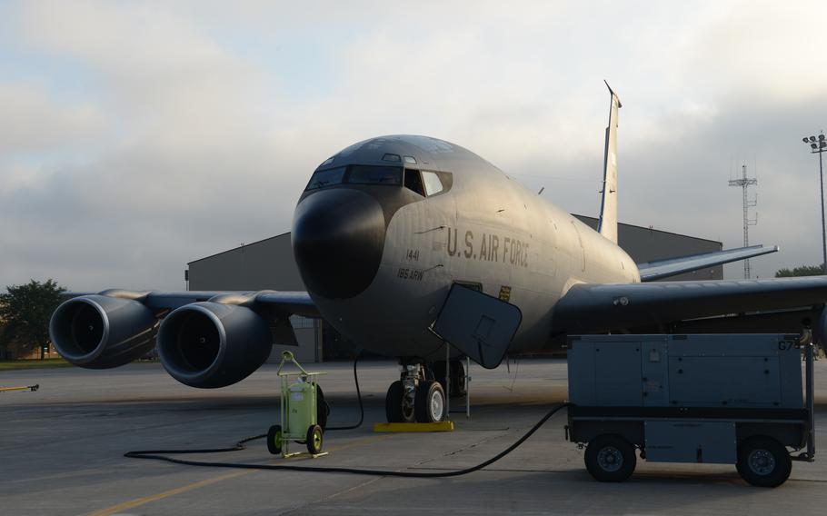 A KC-135 Stratotanker, like the one shown here in a July 24, 2020 photo, rolled out of its parking spot at Kadena Air Base in Okinawa, Japan, on June 15, 2024.