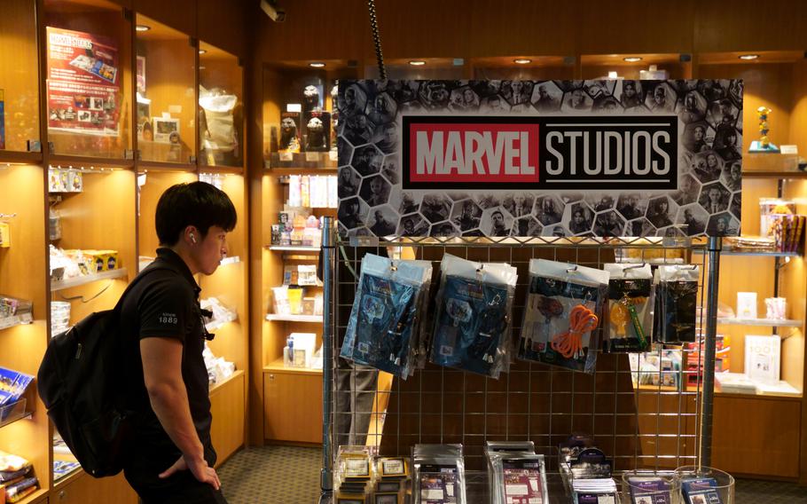 Toho Cinemas Shinjuku sells a lot of movie merchandise, including “Deadpool & Wolverine” keychains, towels, shirts, mugs and stickers.