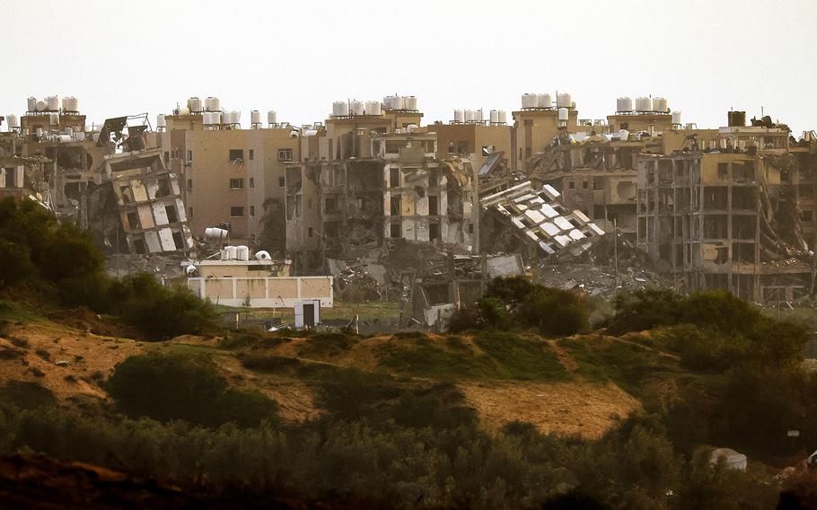 Destroyed buildings in northern Gaza as seen on Tuesday, Jan. 2, 2024, following Israeli bombardment amid ongoing battles between Israel and the Palestinian militant group Hamas. 