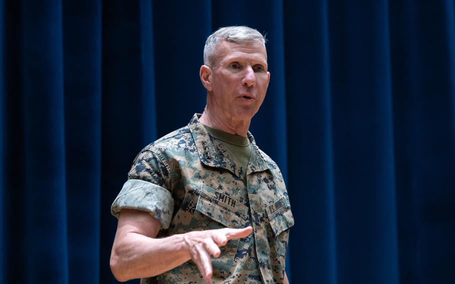 Marine Corps Commandant Gen. Eric M. Smith, seen here at a May 29, 2024, town hall meeting in Naples, Italy, said June 21 that a new littoral regiment is planned for Guam.