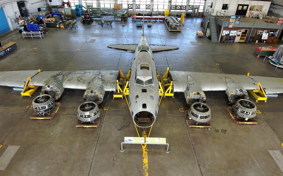 The Boeing B-17D “The Swoose” in the restoration hangar at the National Museum of the U.S. Air Force on April 20, 2023. The aircraft is the only early “shark fin” B-17 known to exist and is the only surviving B-17 to have seen action in the Philippines in the opening days of World War II in the Pacific.