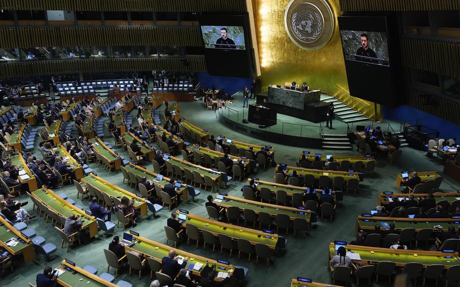 Ukraine’s President Volodymyr Zelenskyy addresses the 79th session of the United Nations General Assembly