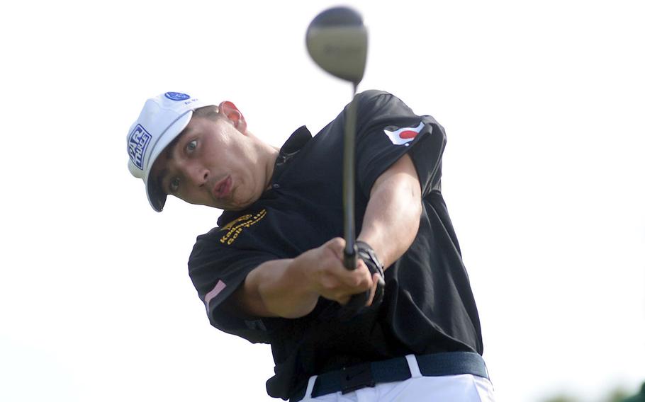 Kadena's Sebastian Sanders, who finished seventh among the boys, tees off on the 530-yard, par-5 16th hole.