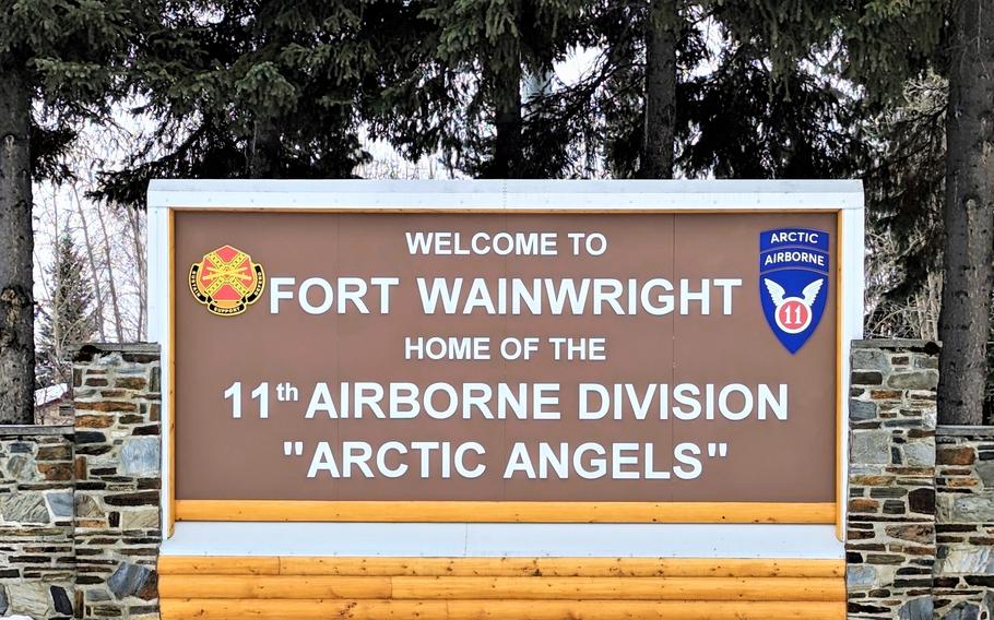 The sign at the main gate of the Army’s Fort Wainwright near Fairbanks, Alaska.