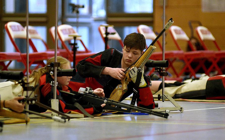 Alconbury's Lance Langley adjusts his rifle during a marksmanship competition on Jan. 6, 2024, at Kaiserslautern High School in Kaiserslautern, Germany.