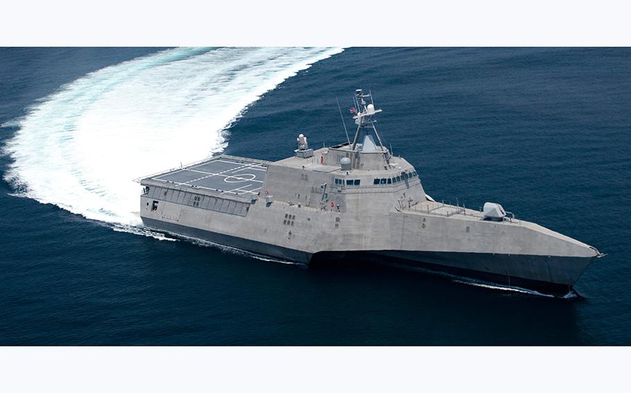  A graphic illustration depicts the future Independence-variant littoral combat ship USS Pierre (LCS 38). The ship is named in honor of the capital city of South Dakota and is the second ship to bear the name.  