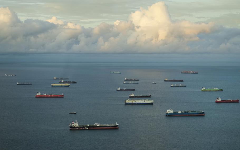 Cargo ships wait to transit the Panama Canal